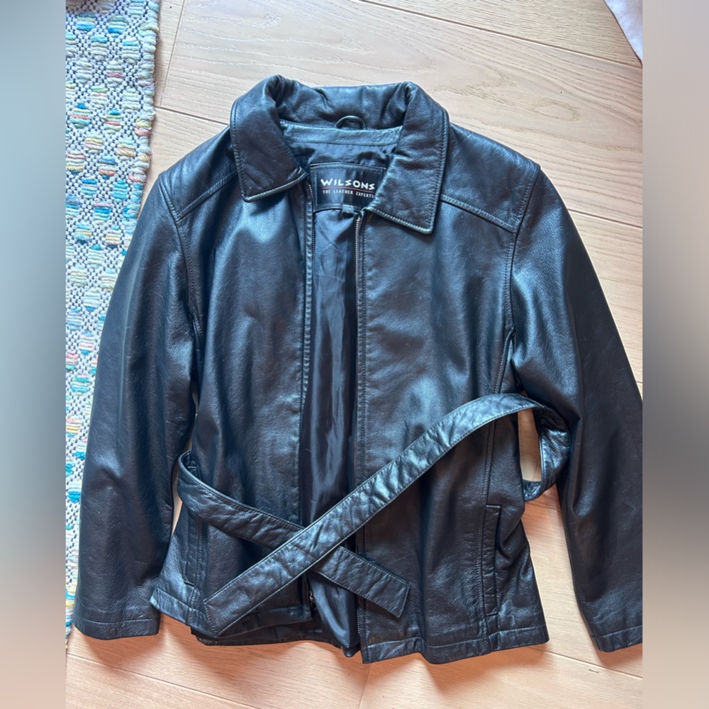 Wilson Black Leather Motorcycle Jacket with Belt Details